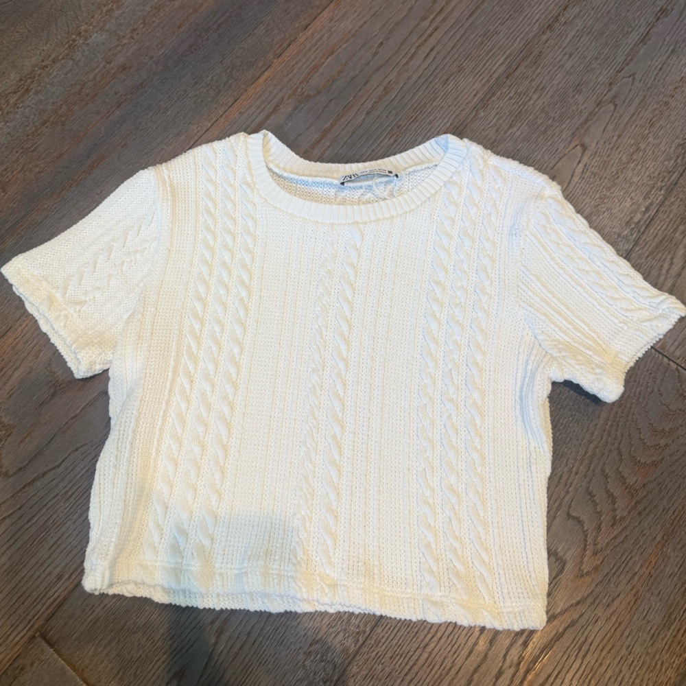 White Zara Cable Knit Short Sleeve Sweater Top